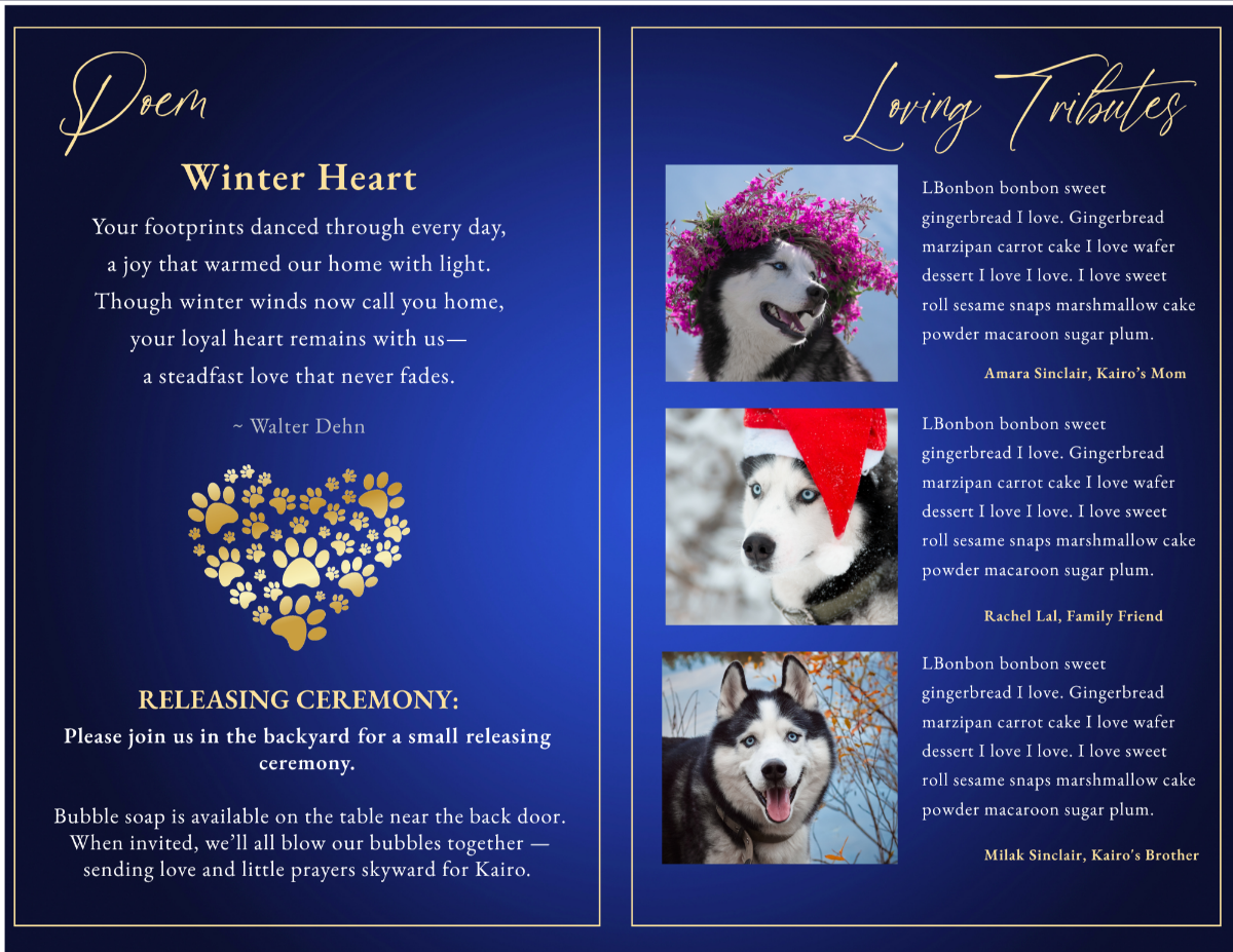 Loving tributes page with pet photos and messages paired with a poem page featuring elegant typography.