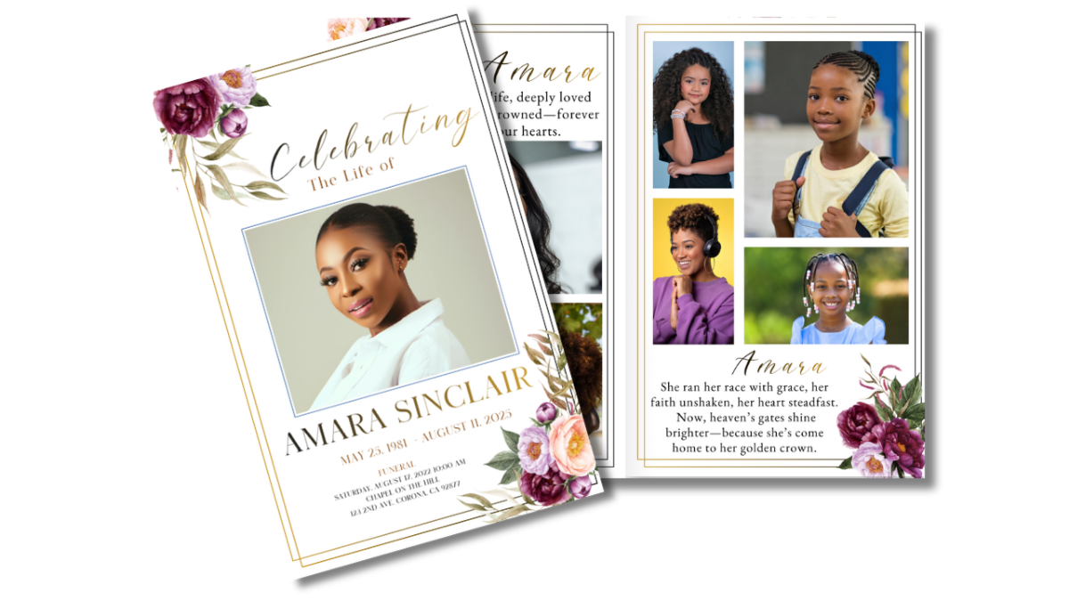 Front cover displayed beside open interior pages showing the peony floral theme coordinated across obituary, collage, poem, and tribute layouts.