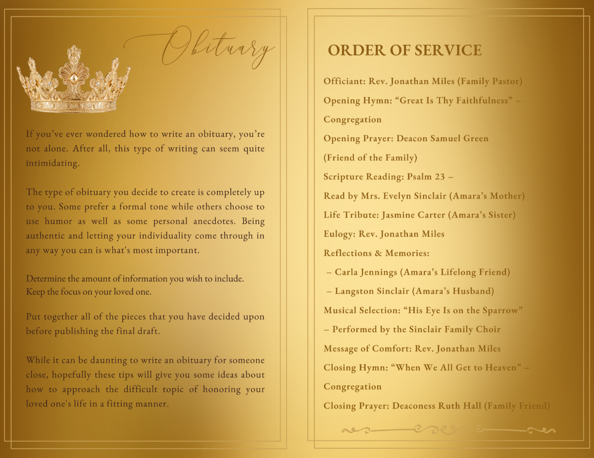 Two-page obituary and order-of-service layout with a soft gold gradient background, ornate crown motif, elegant serif headings, and structured text sections for reading, tributes, musical selections, and closing remarks.