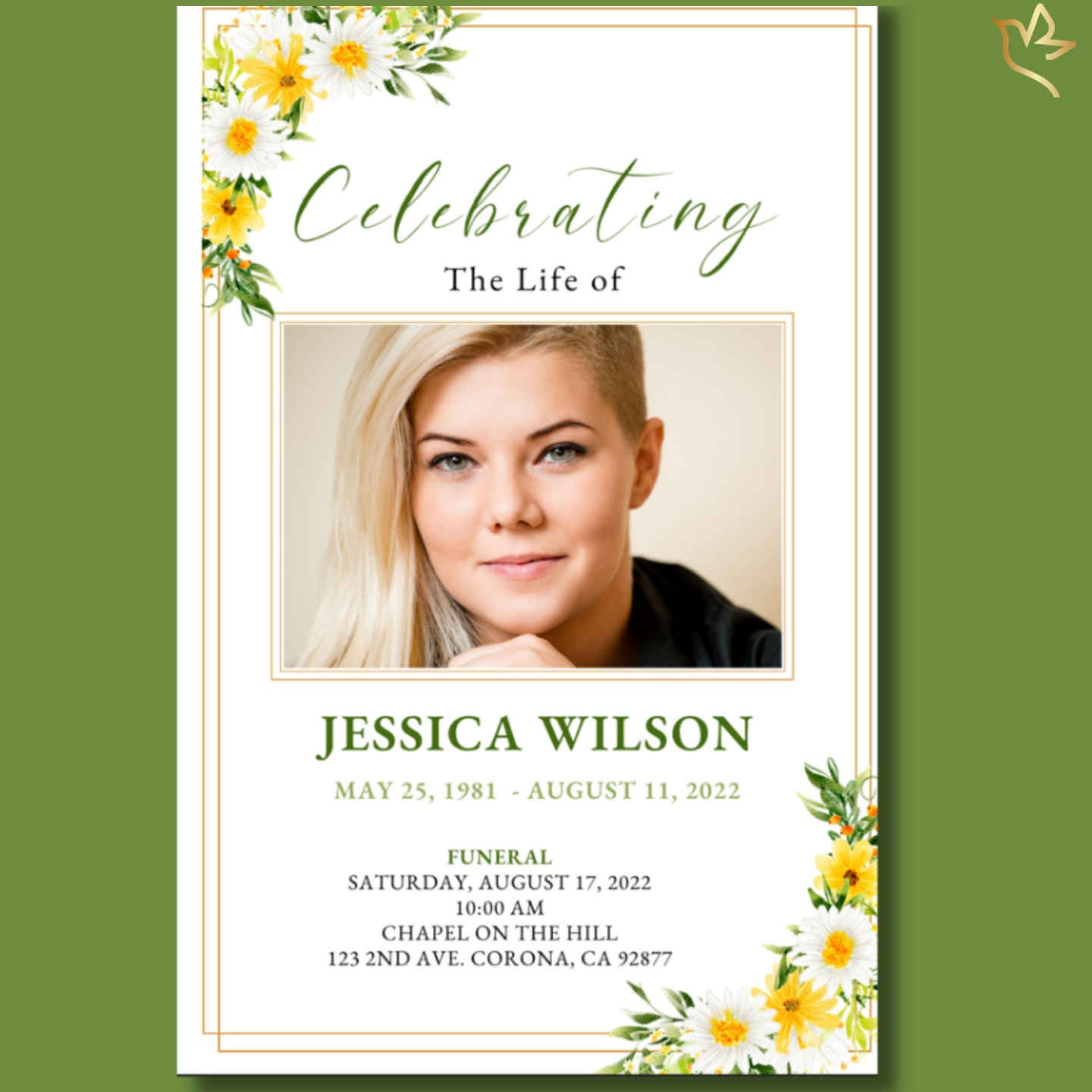 Front cover featuring yellow and white daisy floral border with smiling woman portrait and elegant green script title.