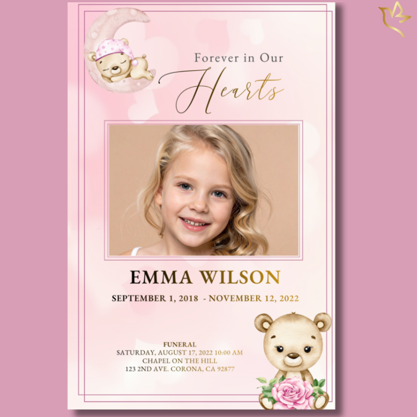 Soft blush pink memorial program cover featuring a centered child portrait framed in delicate rose borders, a sleeping teddy bear on a crescent moon above, and gentle floral accents that create a tender and loving tribute.