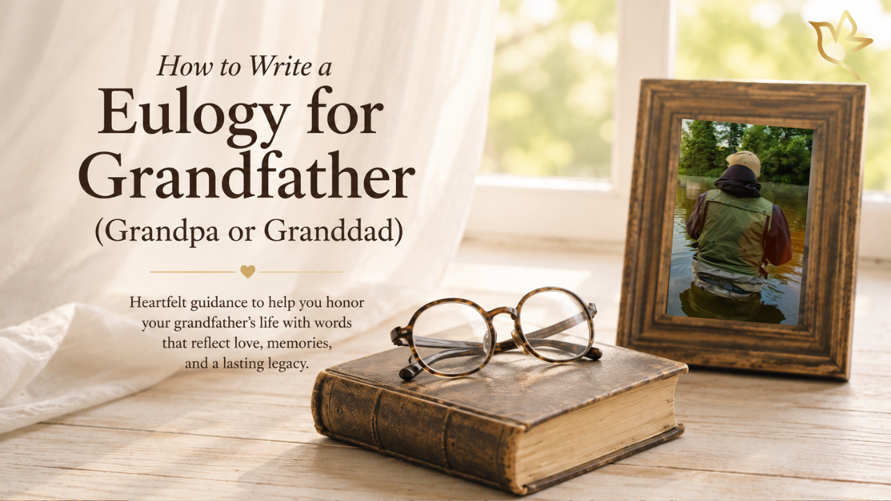 Soft morning light beside an old book, reading glasses, and a framed photograph illustrating a heartfelt guide on how to write a eulogy for your grandfather.