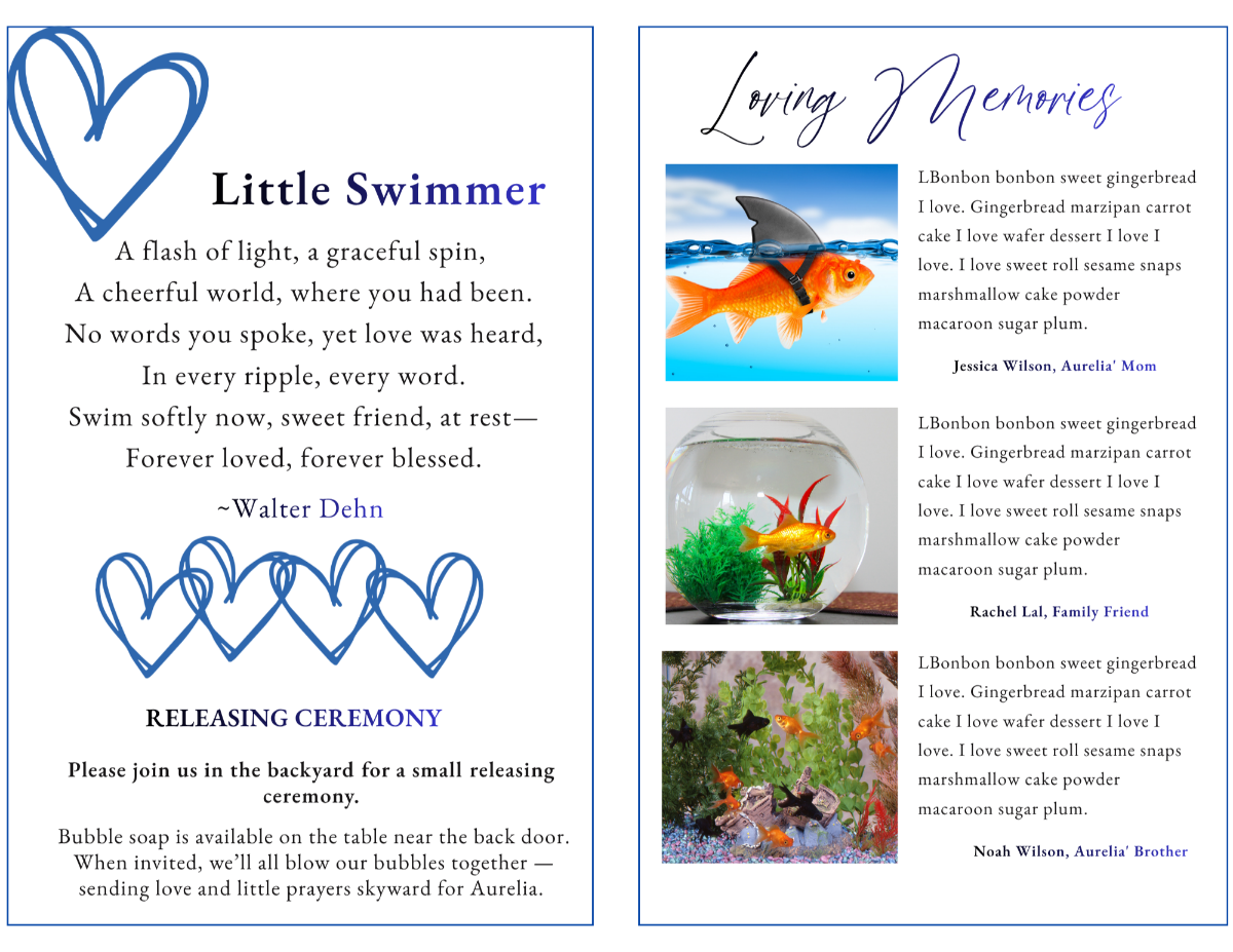 Memorial pages featuring comforting poetry, releasing ceremony wording, treasured aquatic photographs, and heartfelt family tributes shared in loving remembrance.