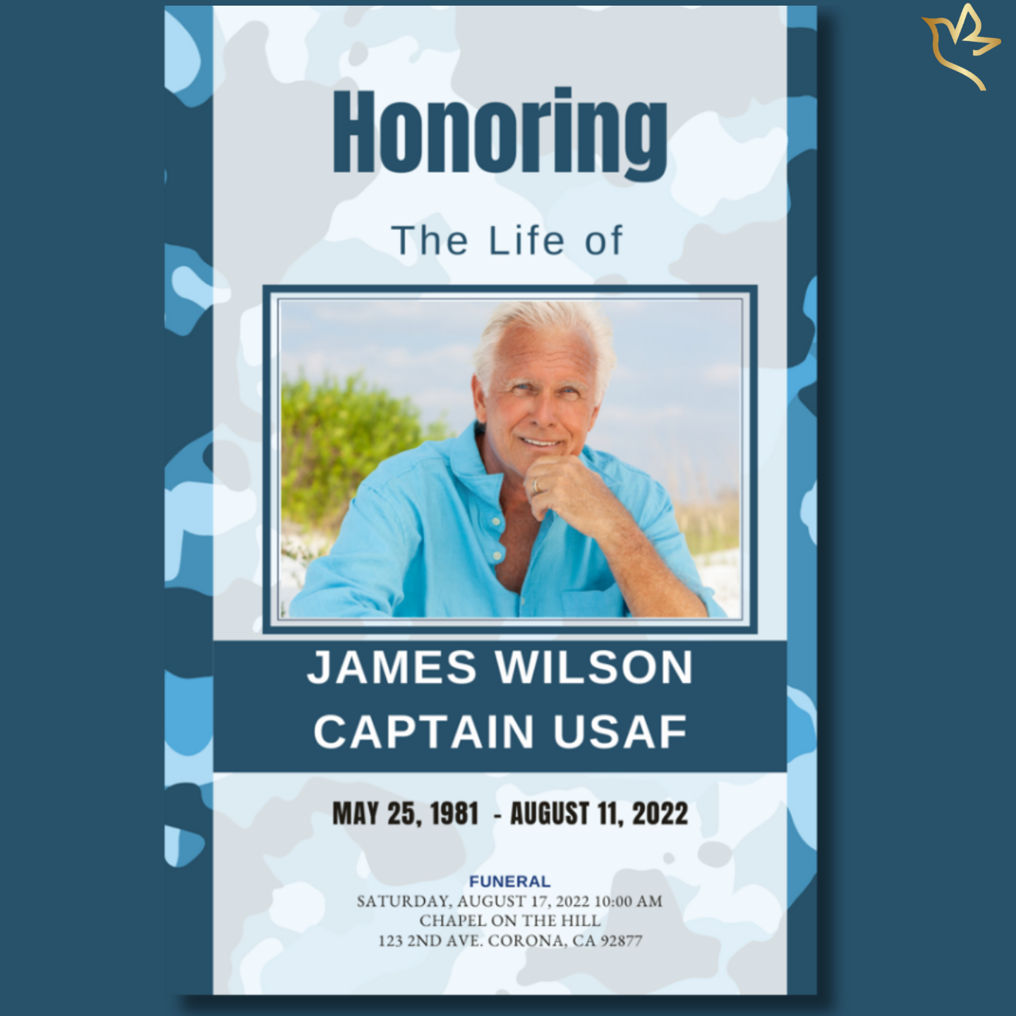 U.S. Air Force funeral program front cover with blue camouflage background, framed portrait of veteran, and “Honoring the Life Of” military-style typography.