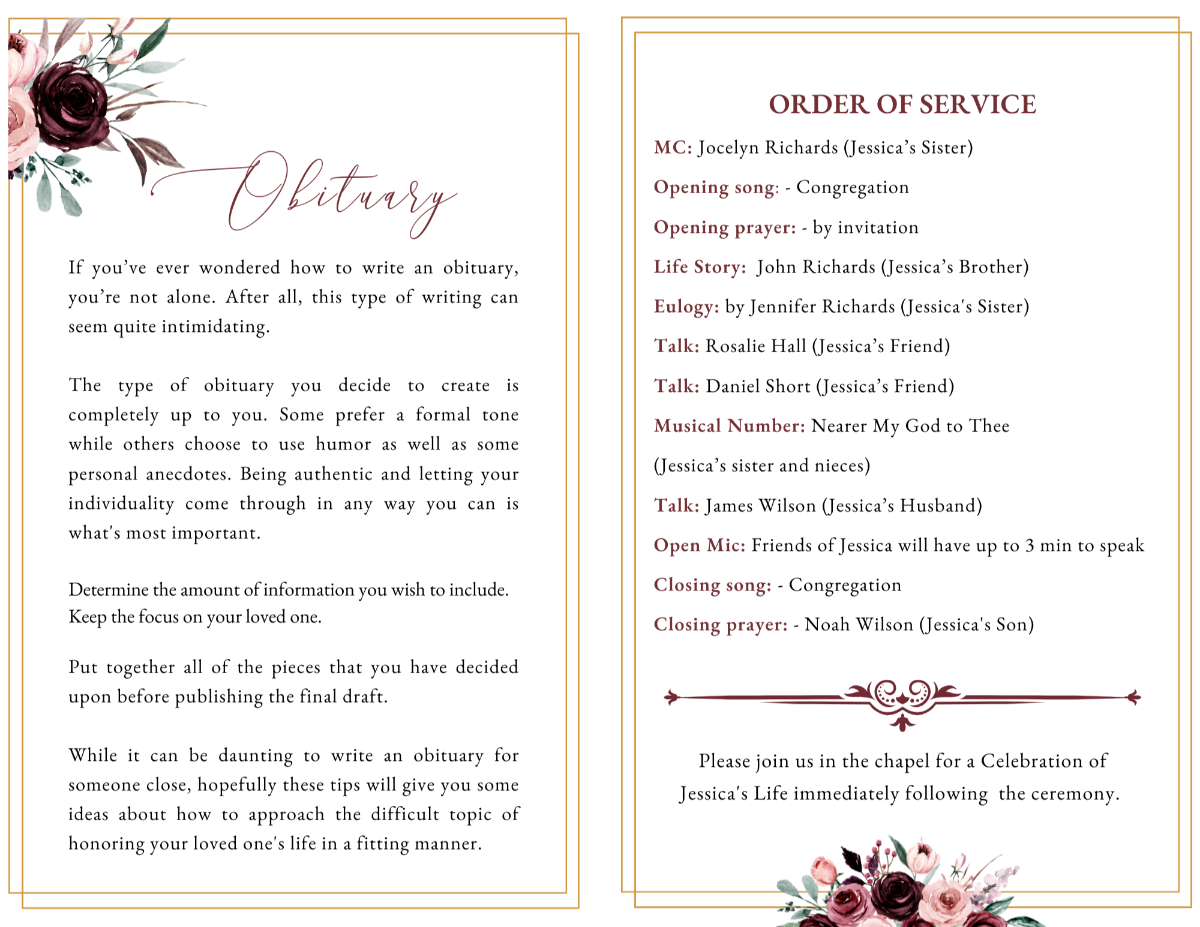 Editable Red Rose Funeral Program Template – 4 and 8-page memorial layout with obituary and order of service, floral design, Canva printable
