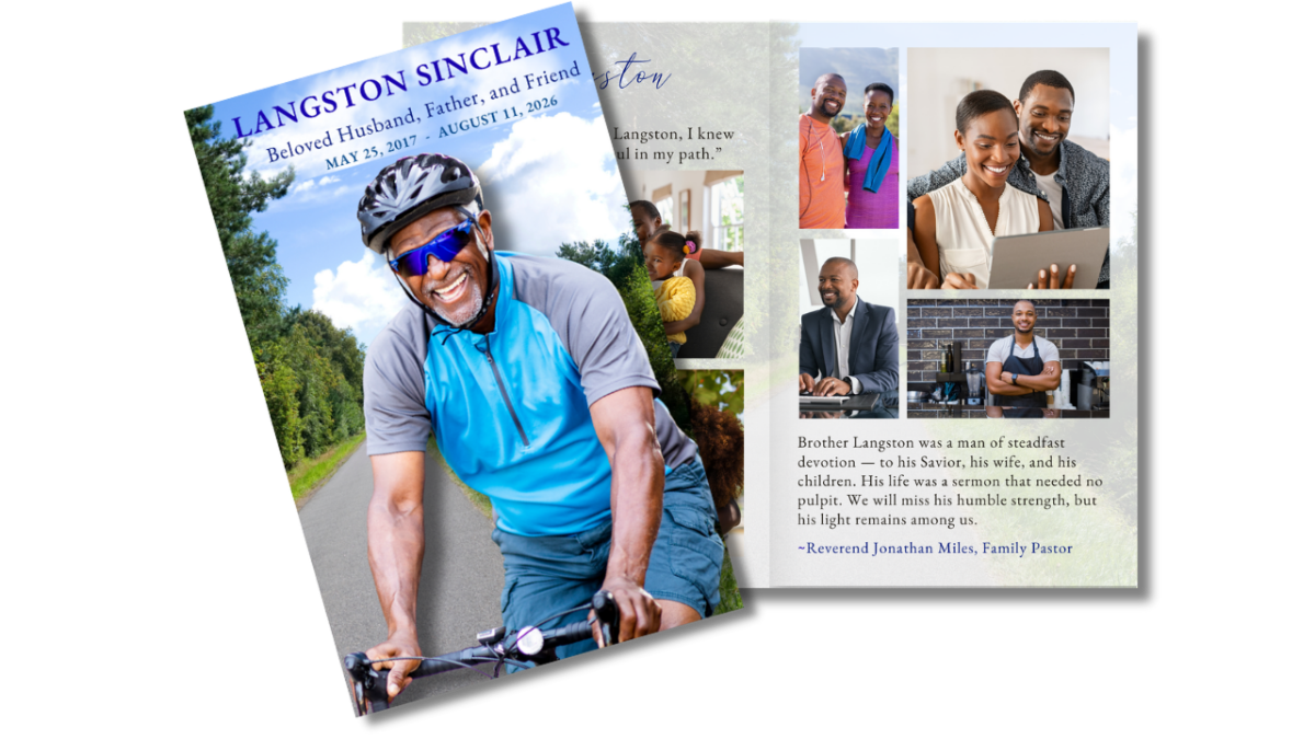 Front cover and interior layout displaying a scenic road background, blue sky, natural greenery, and clean structured pages for a grounded memorial presentation.