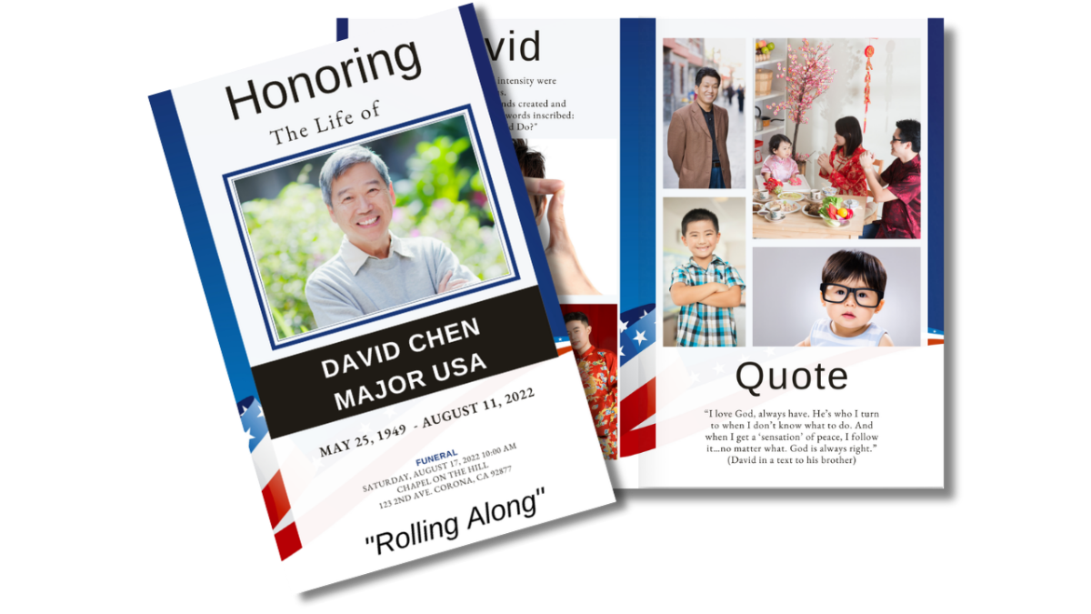 Funeral program layout showing cover and back pages with American flag ribbon and navy blue background.