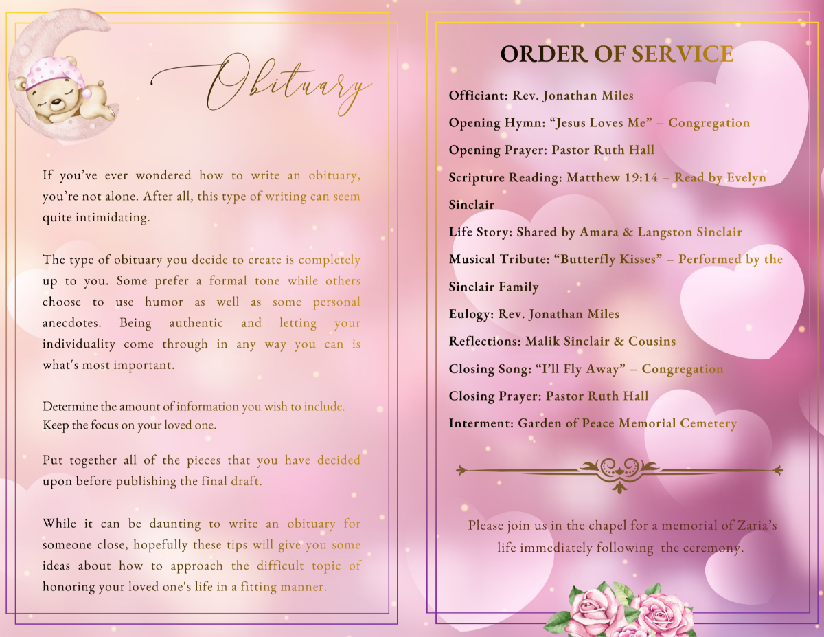 Obituary and order of service layout with clear text sections, soft gradient pink tones, floating heart shapes, and refined gold decorative dividers.