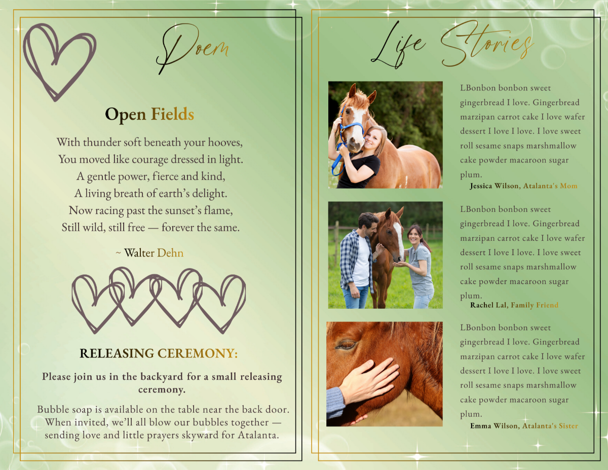 Poem and life stories pages featuring tribute poem text, releasing ceremony details, and touching photos of owners embracing and caring for their beloved horse.