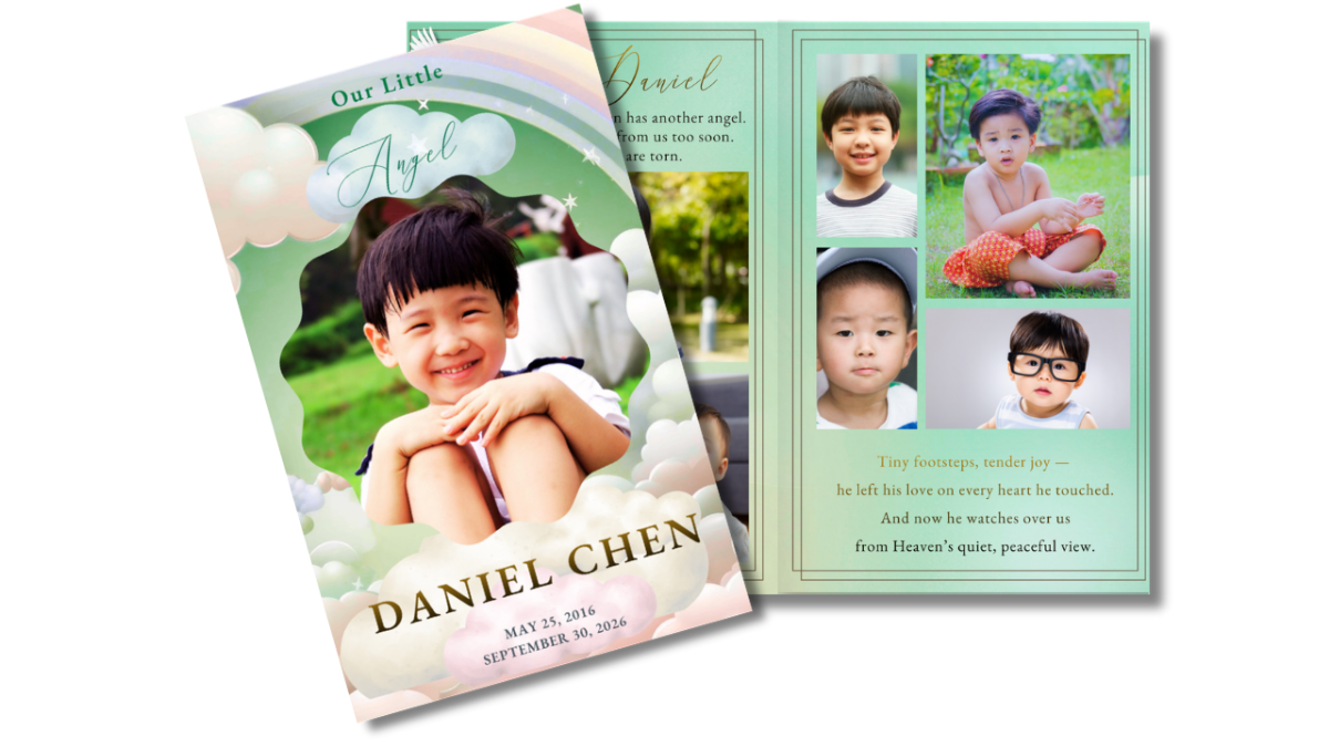 Front cover featuring a smiling child surrounded by soft clouds and a rainbow, paired with an open interior layout showing coordinated pages for memories, photos, and tributes.