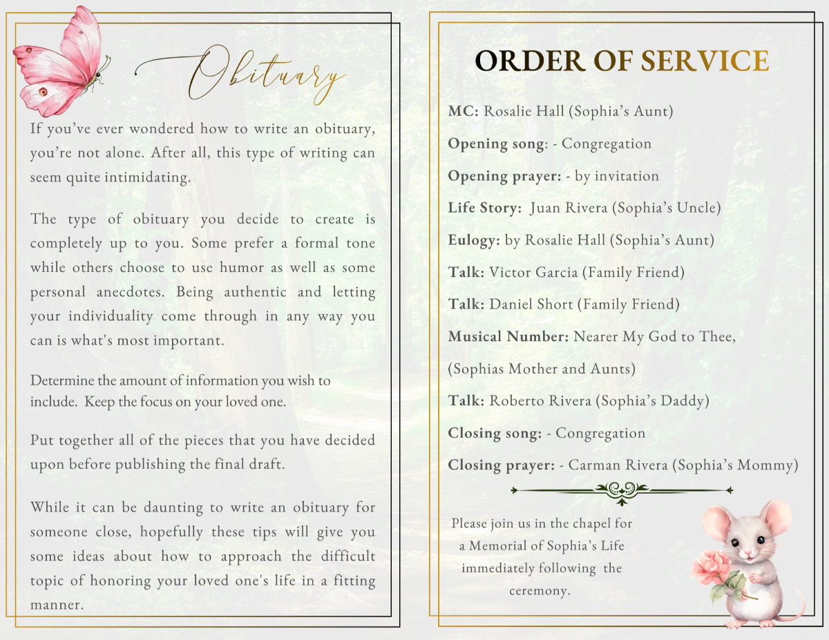 Interior obituary and order of service pages designed with elegant typography, soft woodland backgrounds, butterfly accents, and peaceful child-centered memorial styling.