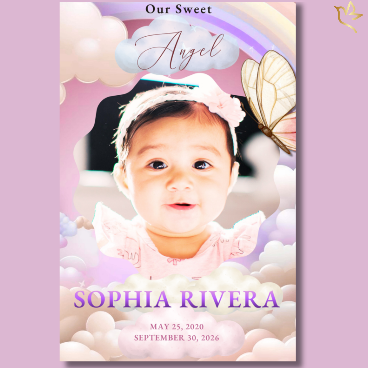 Beautiful child memorial program cover featuring soft pastel clouds, a gentle rainbow sky, delicate butterfly accents, and a precious child portrait designed to honor a beloved little angel with tenderness and love.