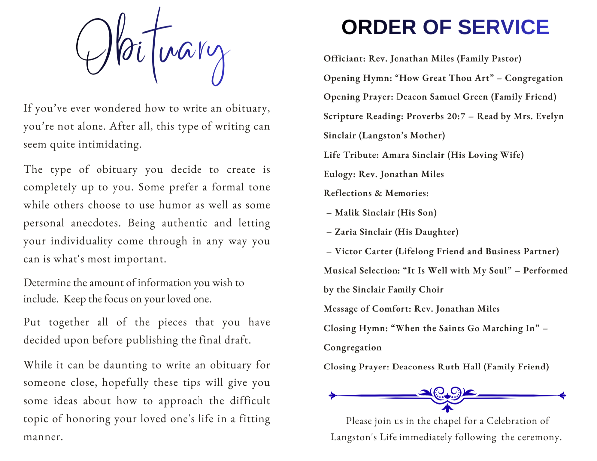 Interior obituary and order of service pages designed with clean typography, graceful script headings, and a polished memorial layout.