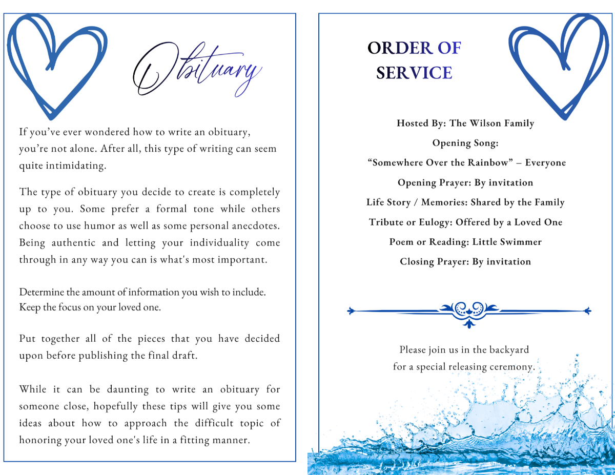 Interior obituary and order of service pages featuring calming water artwork, organized memorial layouts, elegant typography, and meaningful celebration of life details honoring a beloved fish companion.