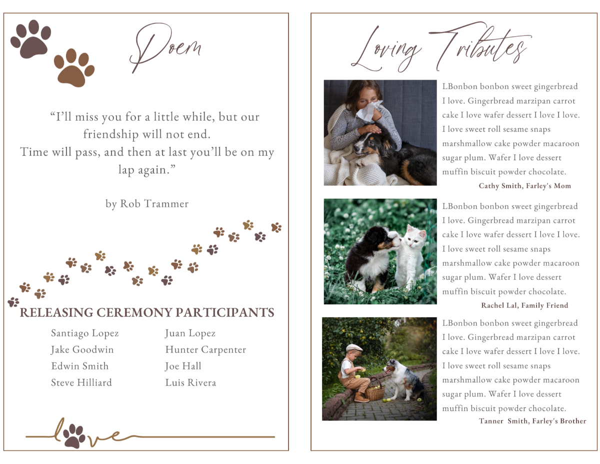 Interior pages featuring the memorial poem, participant list, and loving tributes, all decorated with graceful paw-print trails.