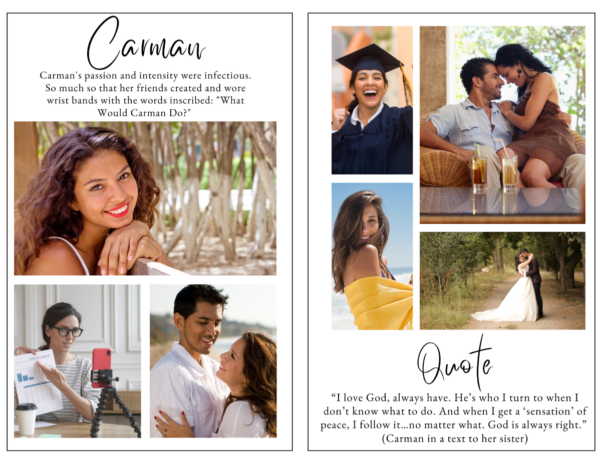 Simply Stunning photo collage and tribute page featuring treasured photographs, meaningful life milestones, family memories, inspirational quotes, and personal stories celebrating a beloved woman's life and legacy.