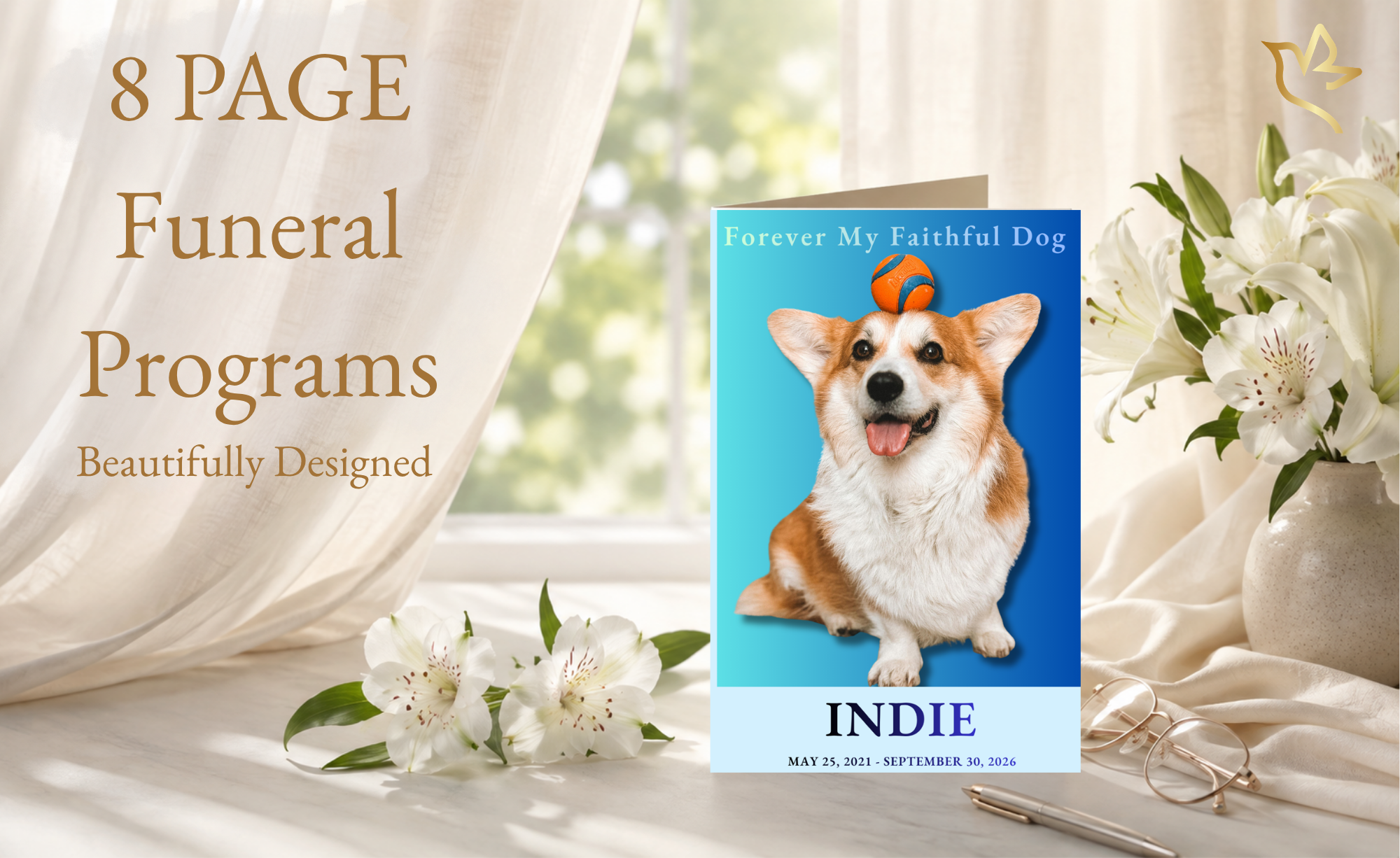 Pet funeral program template featuring a beloved corgi with a blue memorial design, part of an eight-page editable Canva funeral program.