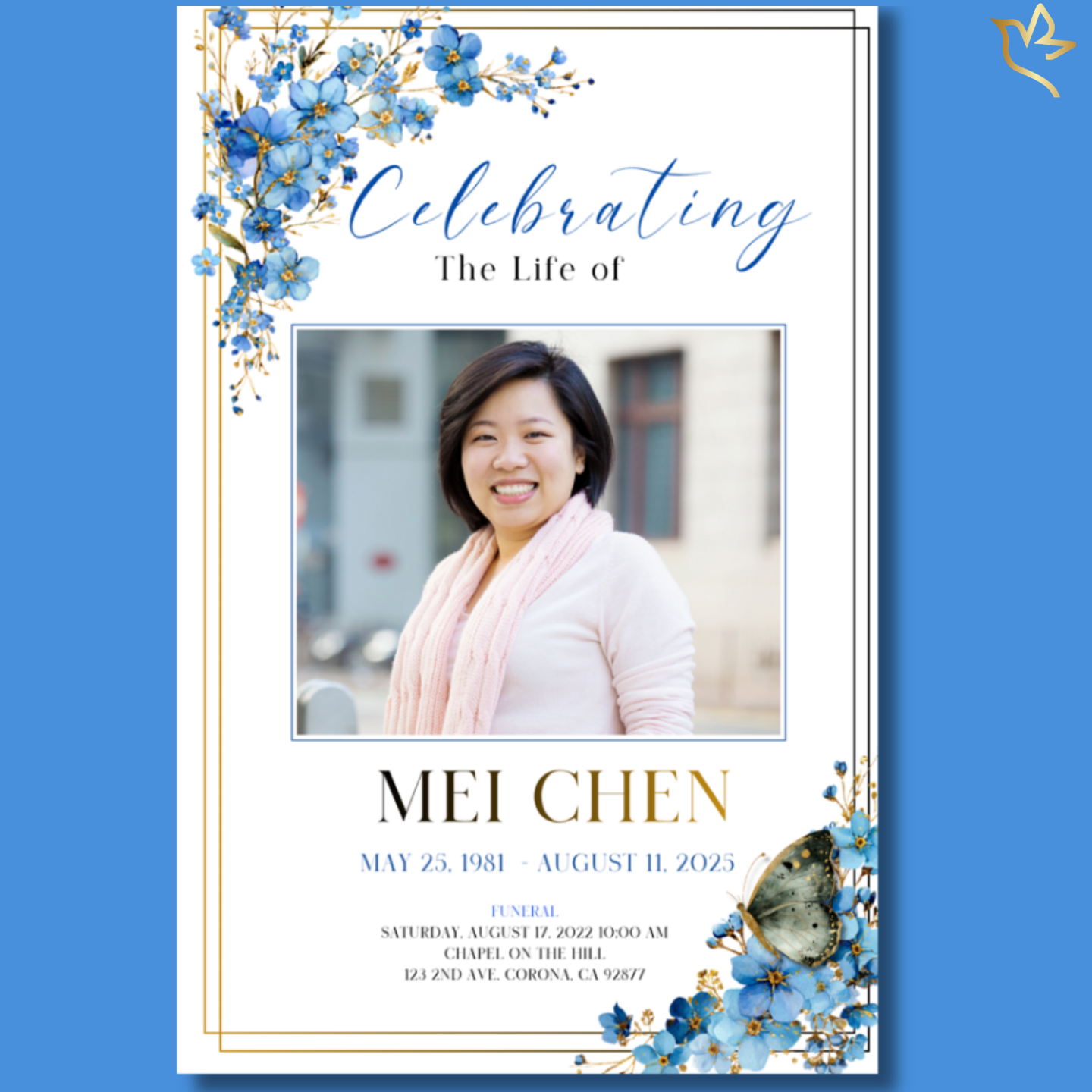 Front cover of the Precious Forget-Me-Nots women’s funeral program featuring delicate blue forget-me-not florals with gold accents, a centered portrait photo, and elegant serif and script typography on a soft light background.