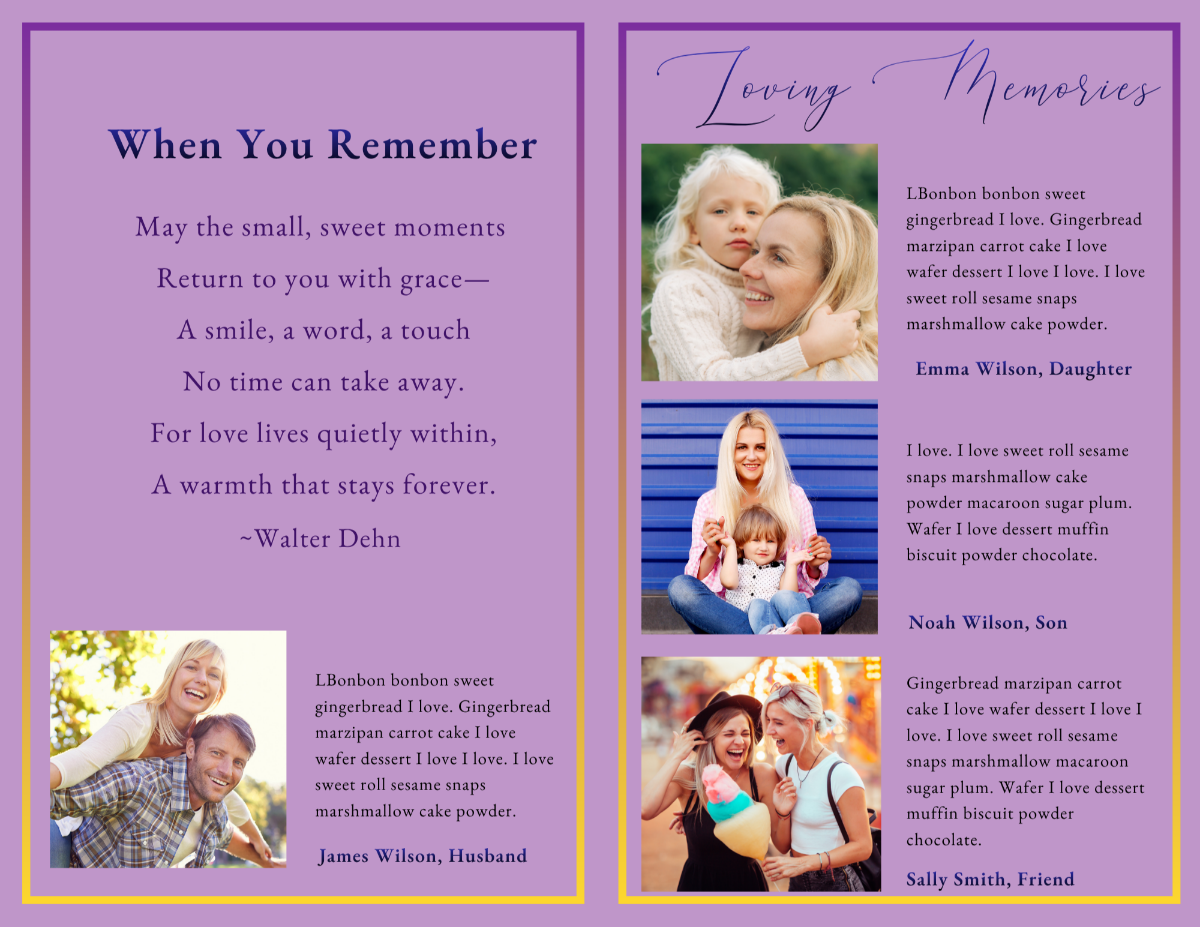Radiant Legacy memorial poem and loving memories pages featuring heartfelt family reflections, treasured photographs, personal stories, and meaningful remembrances honoring a woman's lasting legacy.