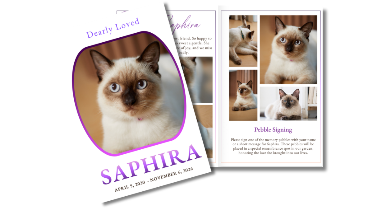 Front cover and interior layout displaying a soft neutral background, purple gradient borders, rounded portrait frame, and clean structured pages for a calming memorial presentation.