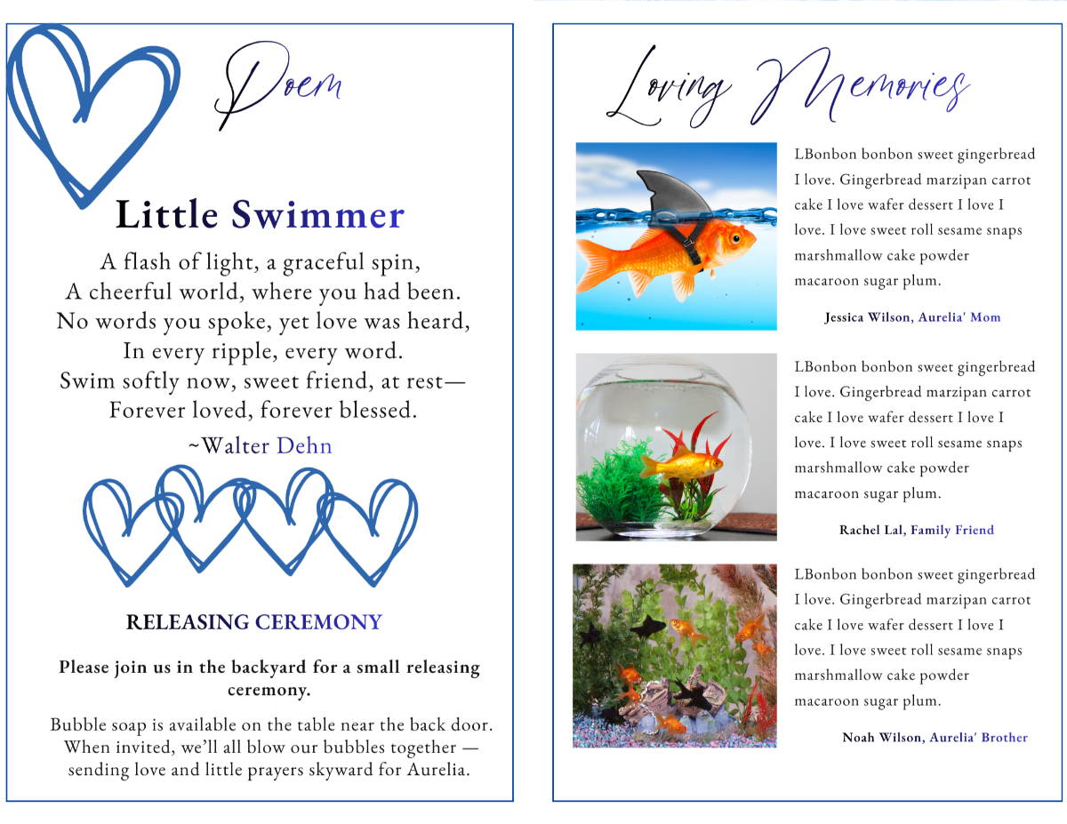 Loving memories page with fish photos and tributes paired with a poem page featuring soft, flowing typography.