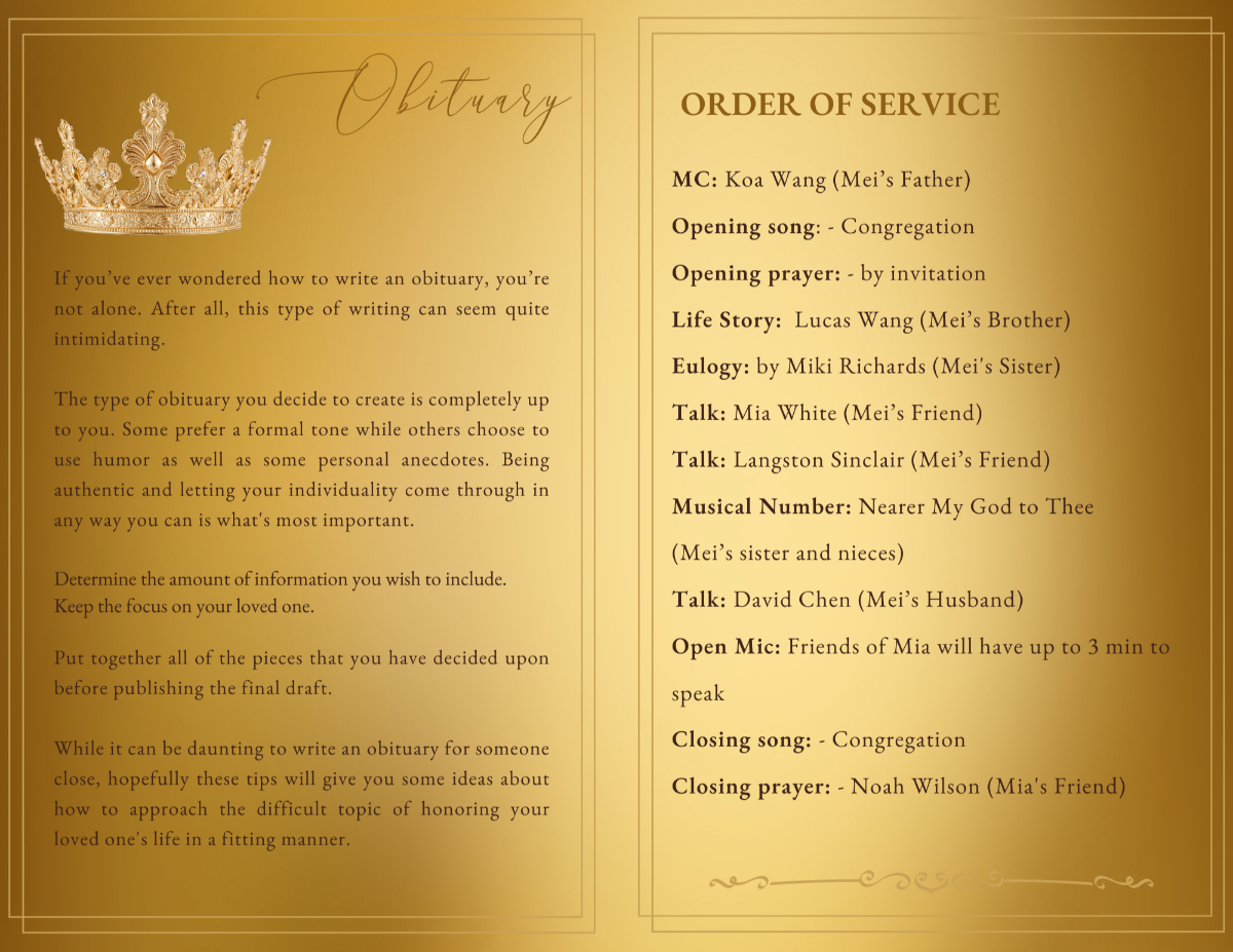 Coordinated gold pages presenting the obituary text on the left and the full order of service on the right, accented with a gold crown and elegant serif headings.