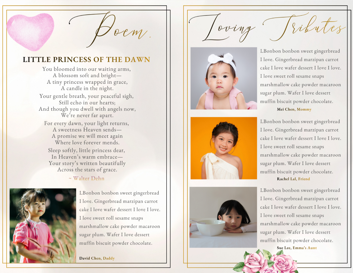 Poem and memory page with gentle blush heart graphic, elegant script headings, and space for a meaningful tribute set on a light ivory backdrop.
