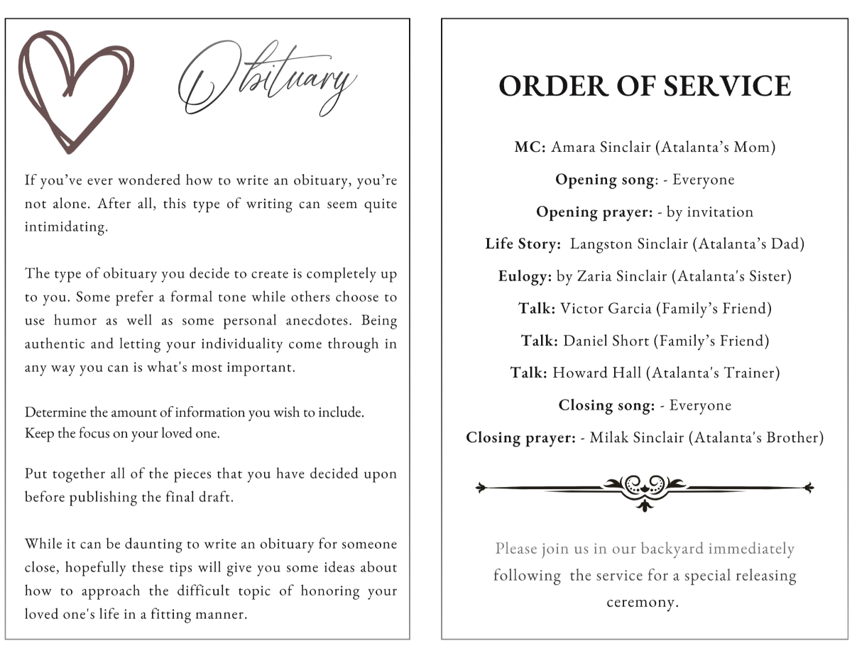 Interior pages displaying obituary text and order of service, styled with soft neutral tones and clean formatting for a calm and respectful presentation.