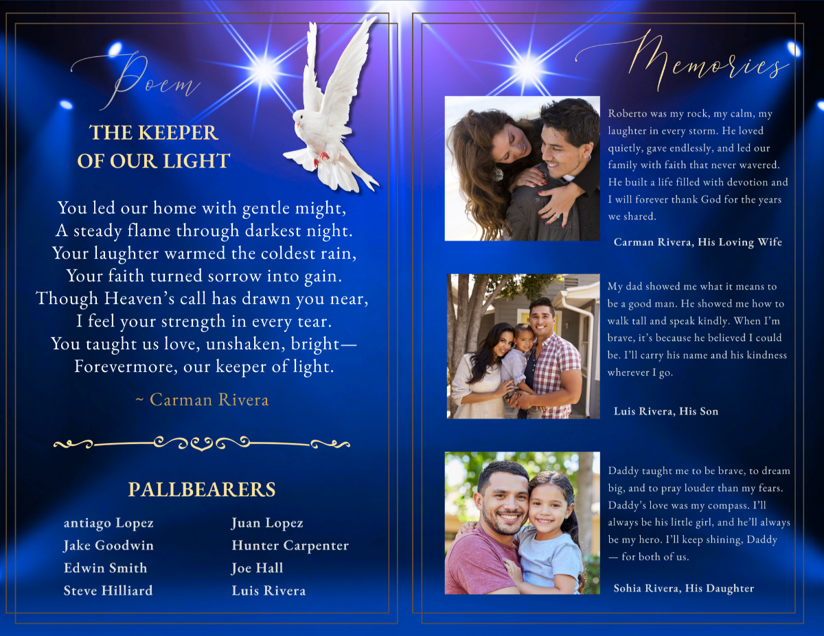 Poem and memories spread with white dove artwork, tribute messages from family members, and structured photo placement set against a rich sapphire background with gold accents.