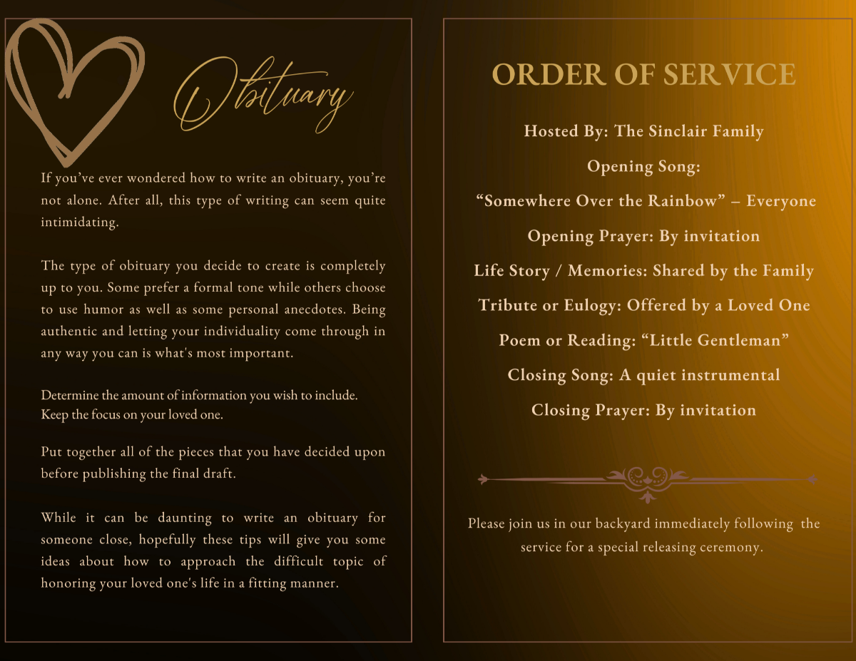 Obituary and order of service pages with soft amber gradients, elegant serif headings, minimal gold accents, and clear, readable layout for ceremony details.