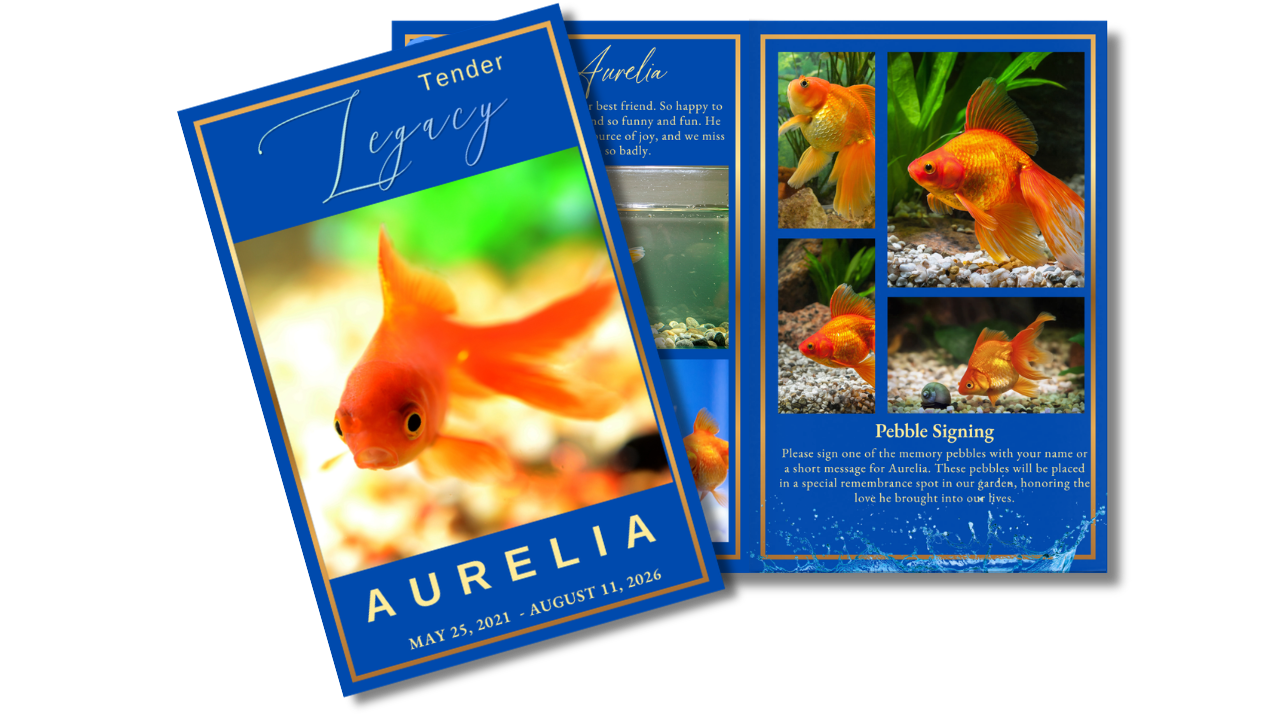 Fish memorial program featuring coordinated blue and gold layouts, multiple photo displays, remembrance pages, and celebration-of-life content honoring a beloved aquatic companion.