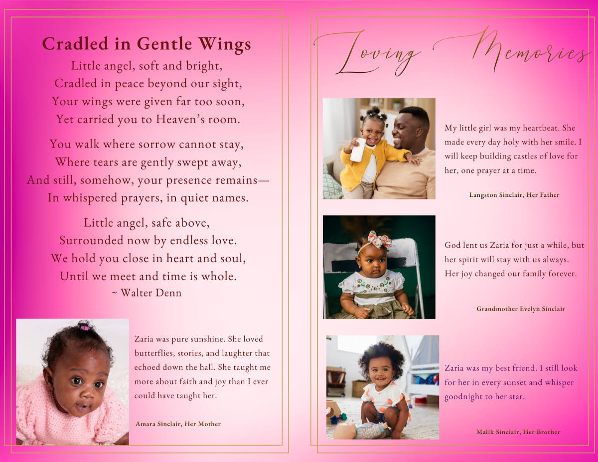 Life stories section with three family photos, short biographies, and accompanying poem page with gentle textured background.