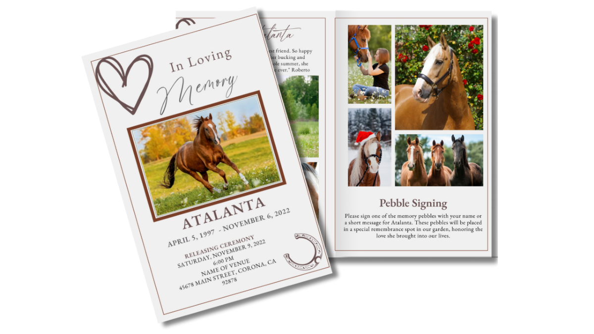 Front cover and inside photo collage pages of the Elegant Equine pet horse funeral program classic horse imagery and elegant layout.