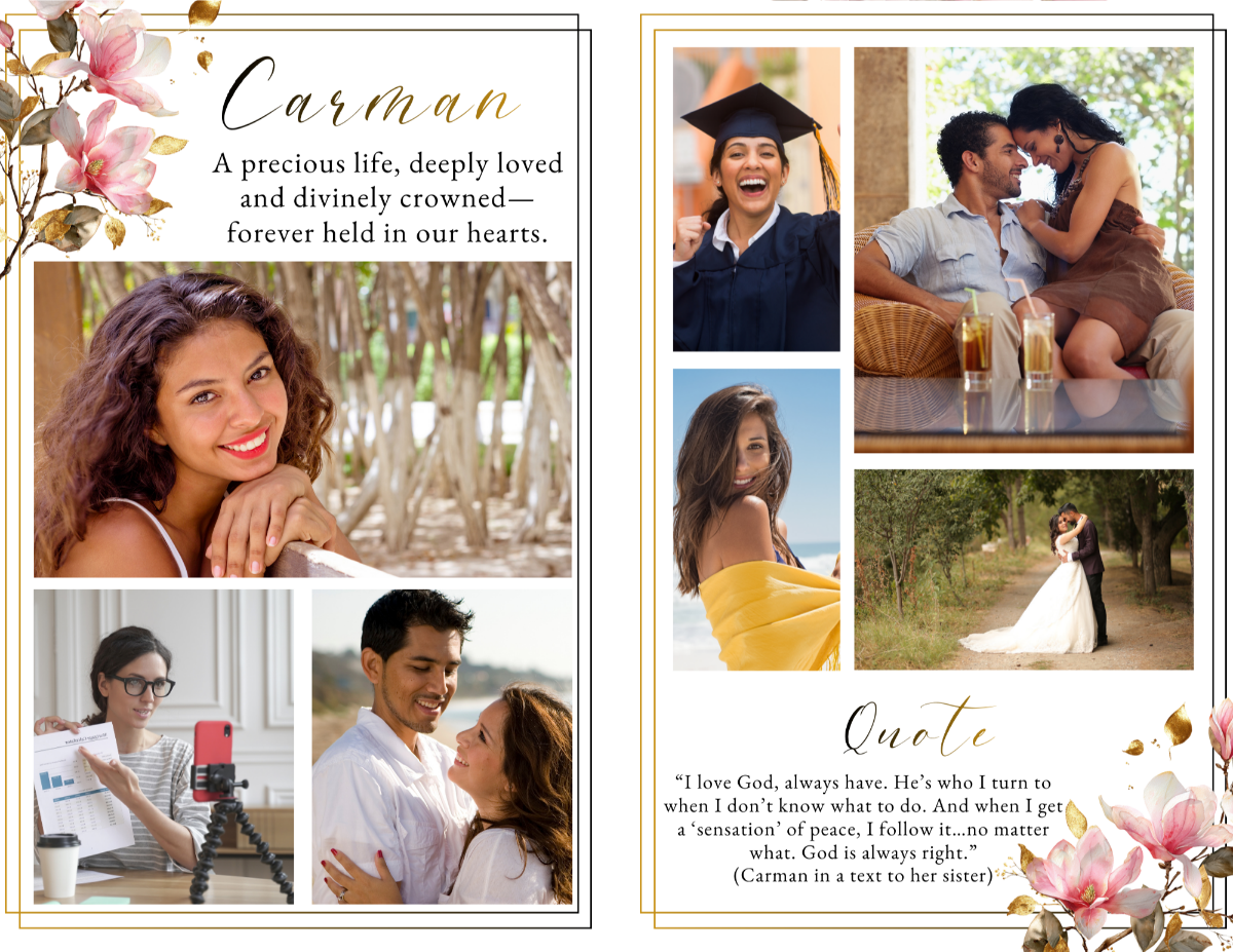 Photo collage tribute spread featuring family moments, life milestones, and joyful portraits arranged in balanced layouts with soft pink magnolia accents.