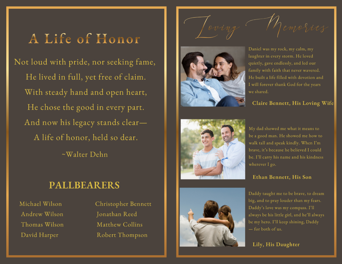 Memorial pages featuring comforting poetry, pallbearer acknowledgements, treasured family photographs, and heartfelt tributes shared in loving remembrance.