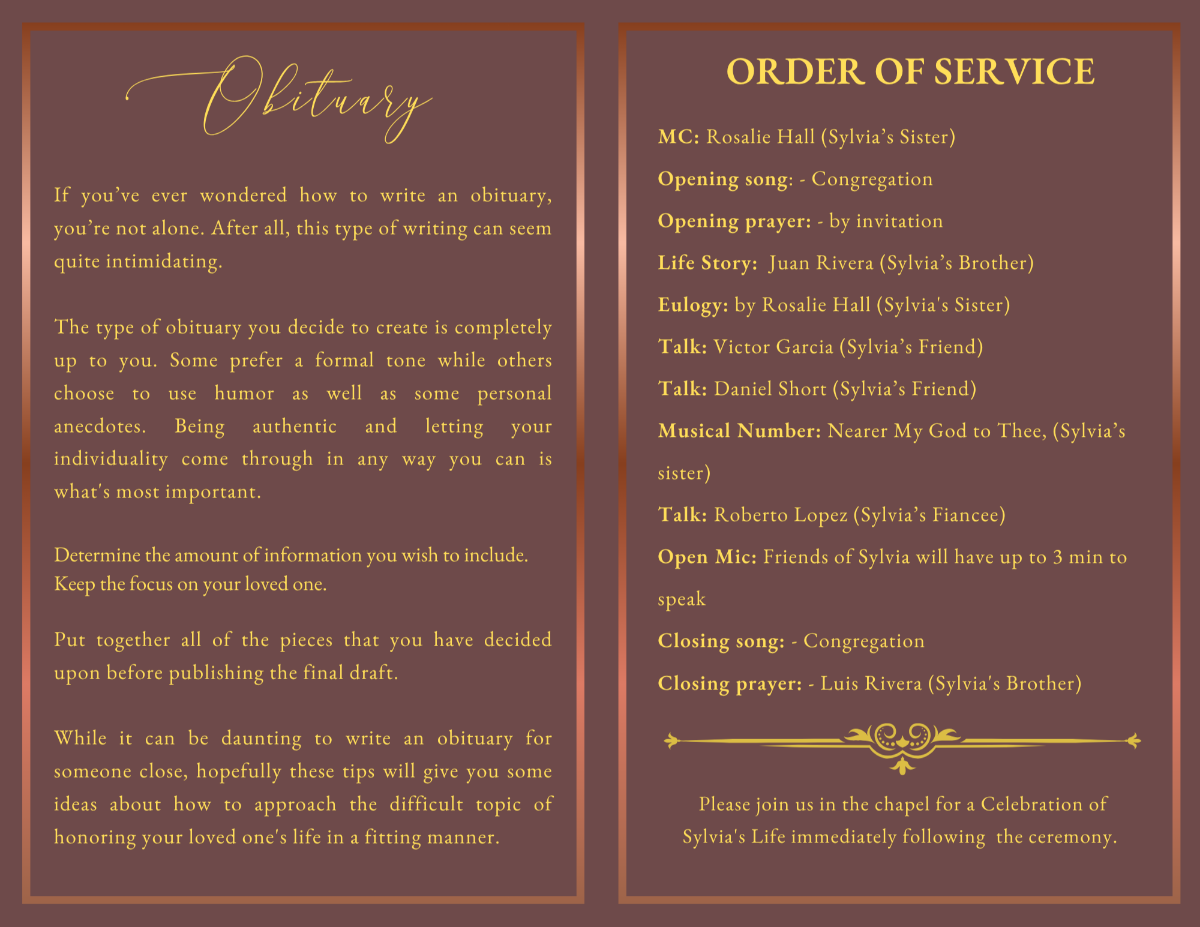 Obituary and order of service pages with sophisticated gold lettering, organized memorial service details, and a timeless layout designed for easy reading.