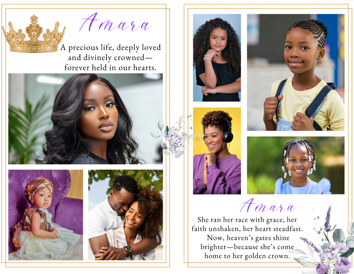Photo collage tribute spread featuring childhood, family, and life milestone portraits arranged in balanced layouts with lavender florals and eucalyptus greenery.
