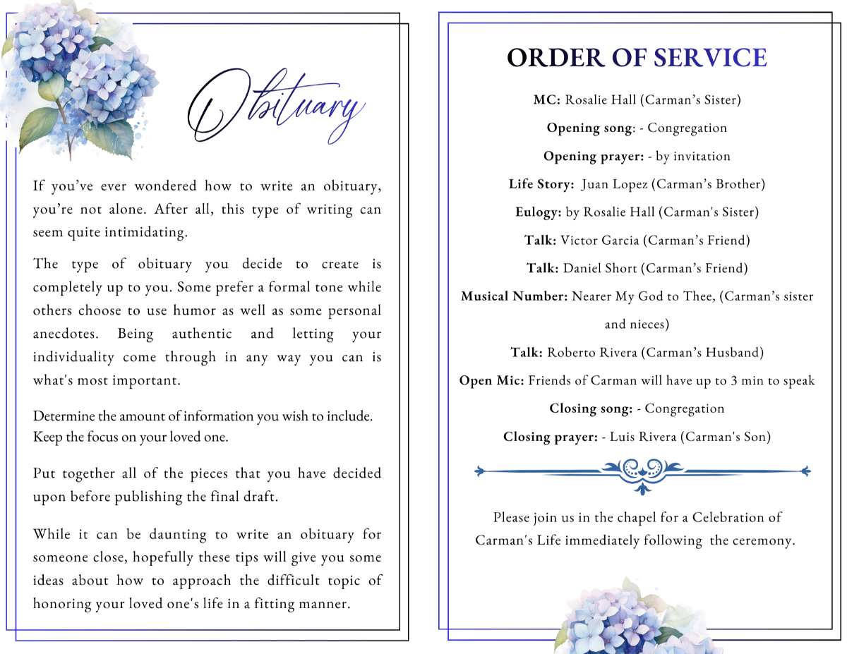 Interior obituary and order of service pages with soft hydrangea accents, organized memorial layouts, graceful typography, and meaningful celebration of life details honoring a beloved woman’s life and legacy.
