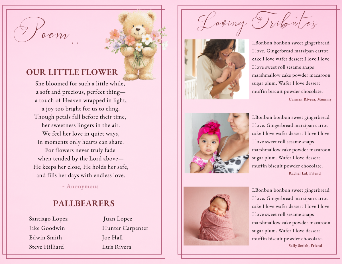 Poem page titled ‘Our Little Flower’ with matching teddy-bear artwork, paired with tribute messages and sweet family photos.
