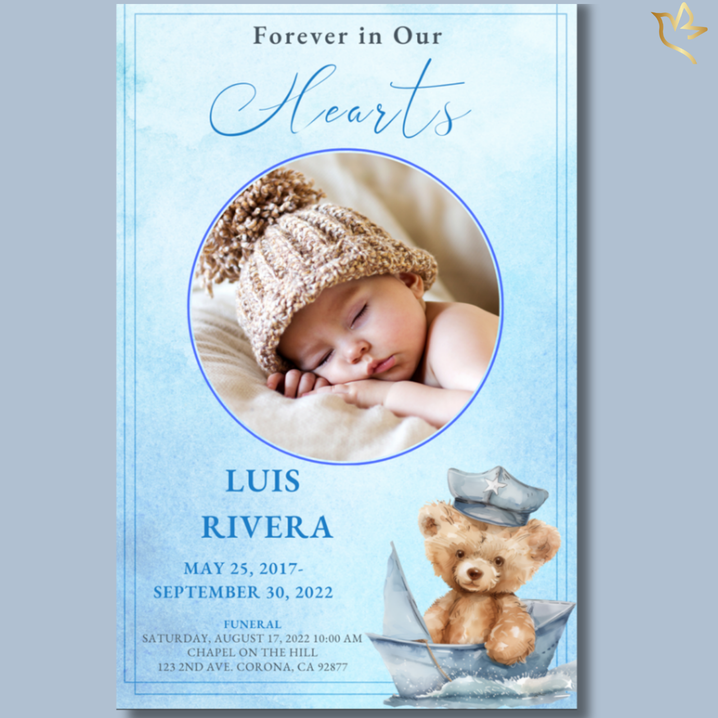 Child funeral program front cover featuring soft blue watercolor background, baby photo in circular frame, and illustrated teddy bear resting on a pillow.