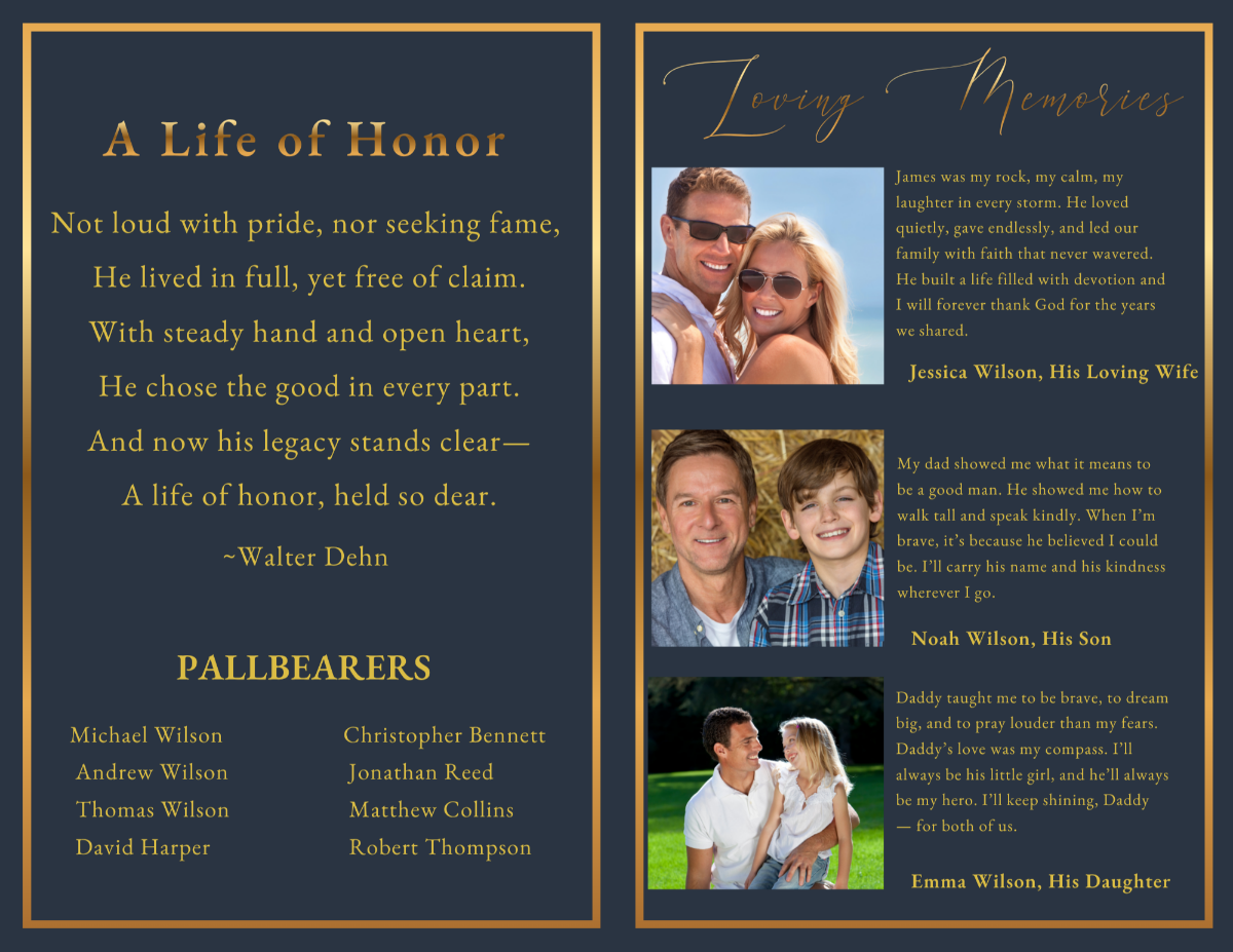 Memorial pages featuring comforting poetry, personal family tributes, meaningful photographs, and heartfelt reflections celebrating a man’s character and legacy.