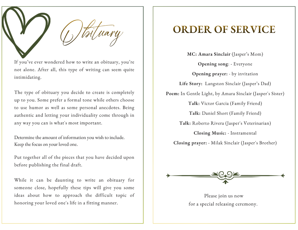 Interior obituary and order of service pages featuring elegant typography, calming memorial layouts, and thoughtful pet remembrance details.