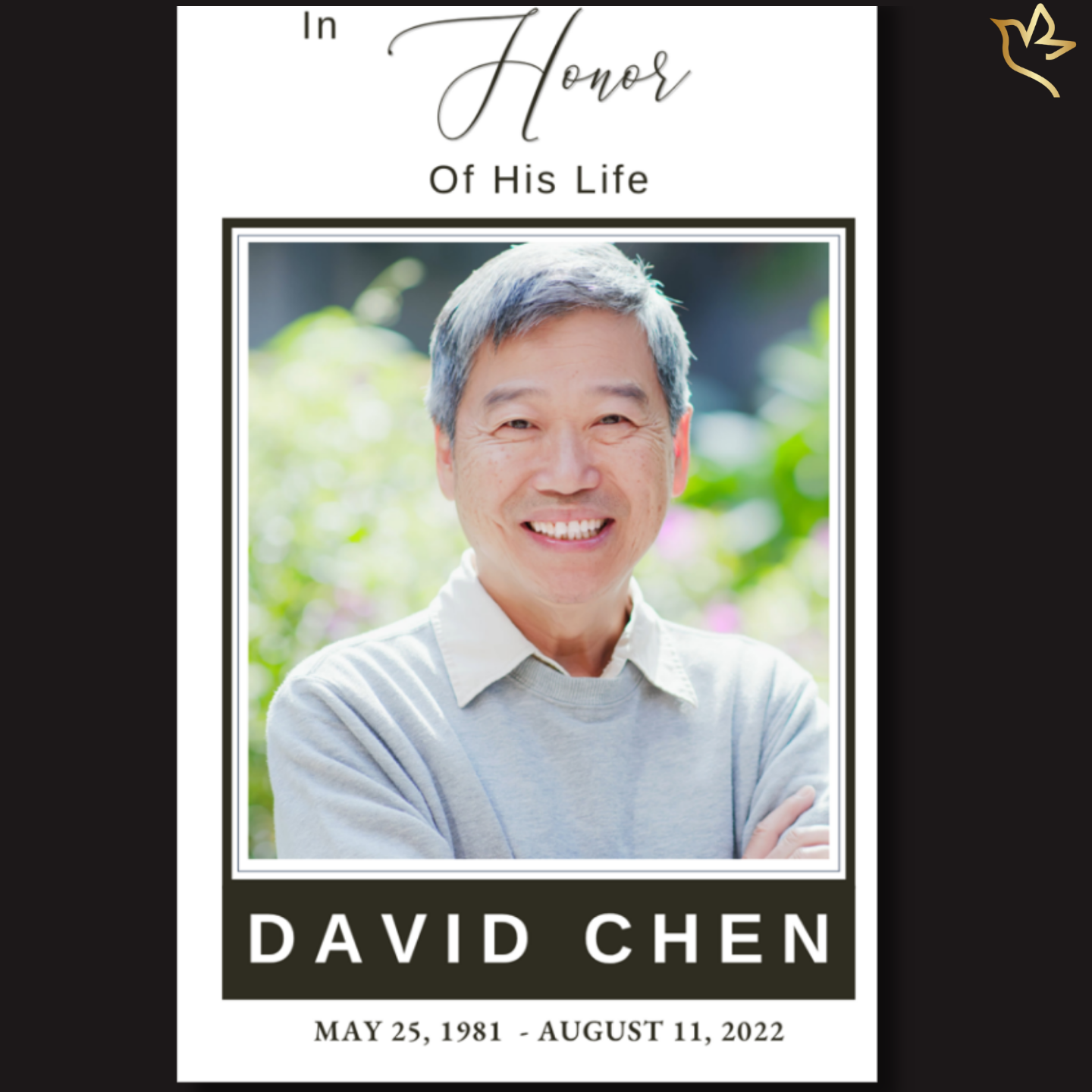A warm, dignified portrait of a man framed in soft natural light, surrounded by clean, classic design elements and gentle neutral tones—symbolizing honor, legacy, and a life deeply cherished.