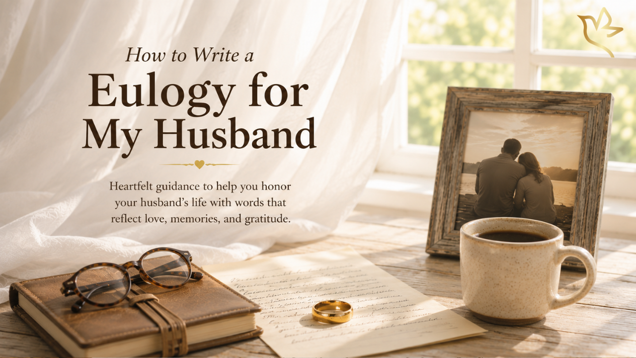 Soft morning light beside an open journal, wedding ring, coffee mug, reading glasses, and a framed photograph of a husband and wife illustrating a heartfelt guide to writing a eulogy for your husband.
