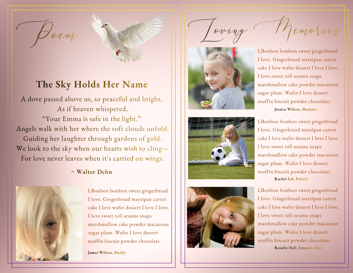 Poem and Loving Memories pages featuring the poem “The Sky Holds Her Name” alongside heartfelt family tributes and childhood photographs.