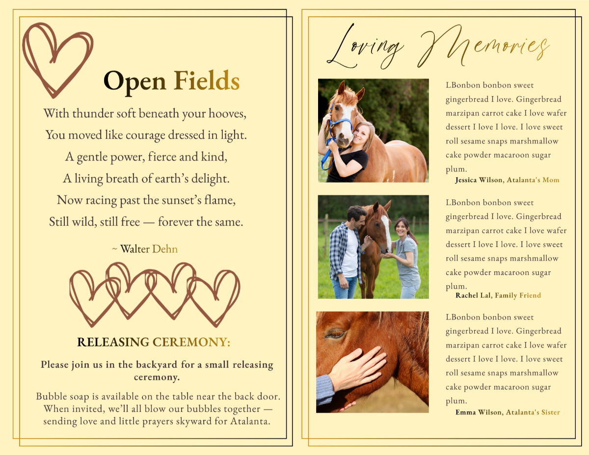 Loving memories page with horse and owner photos alongside a poem page with soft, heartfelt typography.