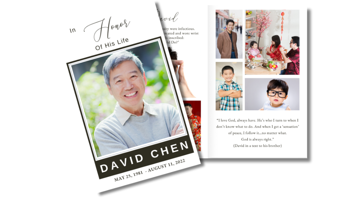 Front cover featuring a dignified portrait with a clean, classic frame, alongside an open interior layout displaying coordinated pages for service details and memories.