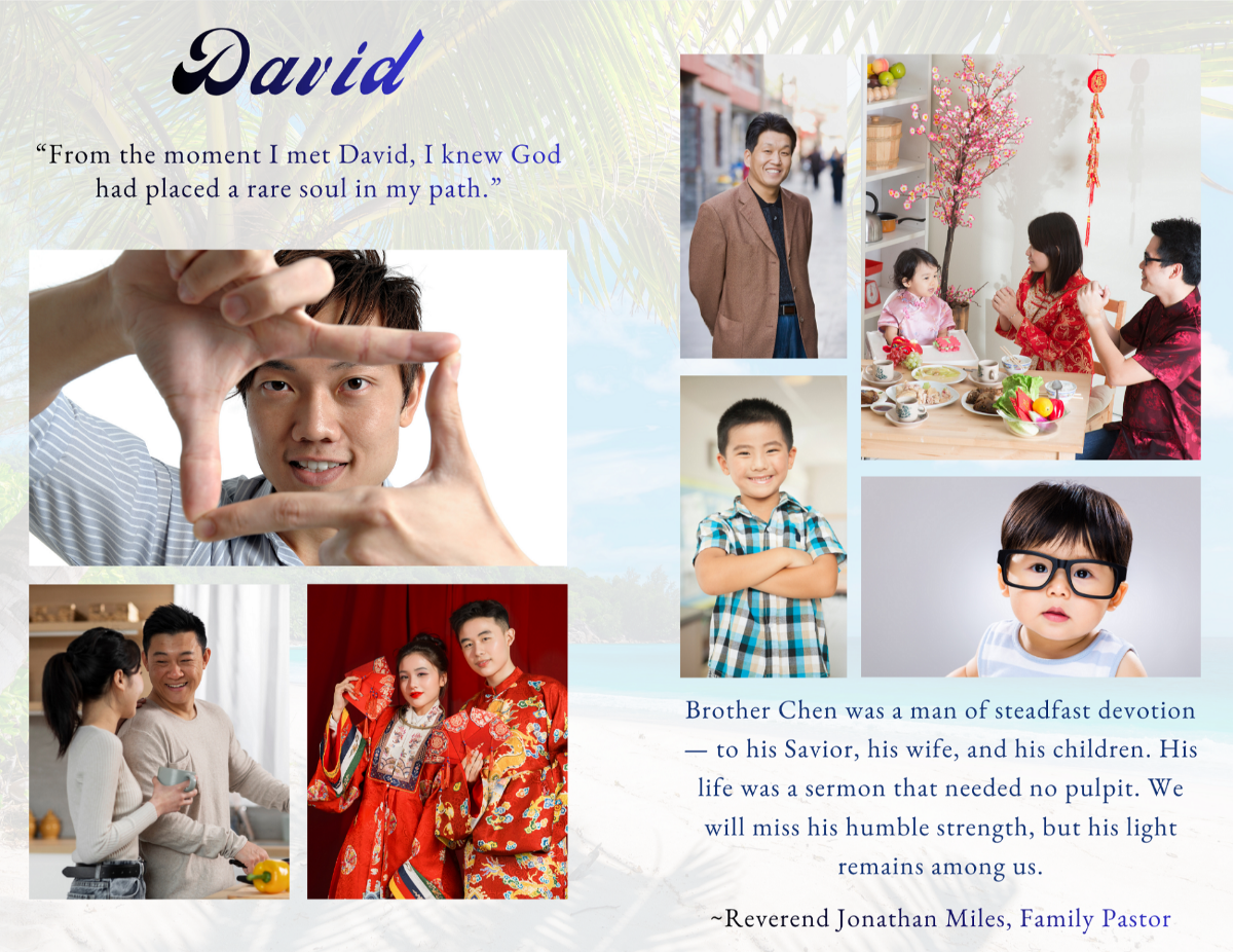 Photo collage pages displaying multiple life moments in a clean, organized layout with a tropical background.