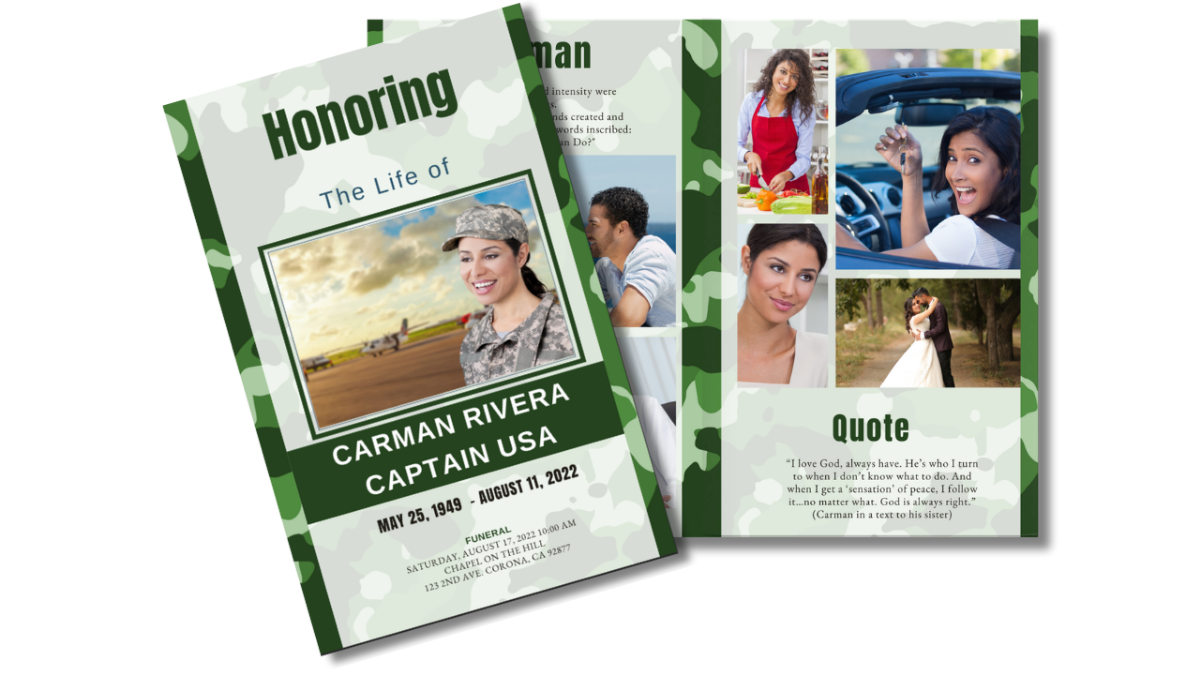 Funeral program front cover and interior pages showing photo collage section and dedication for U.S. Army female tribute.