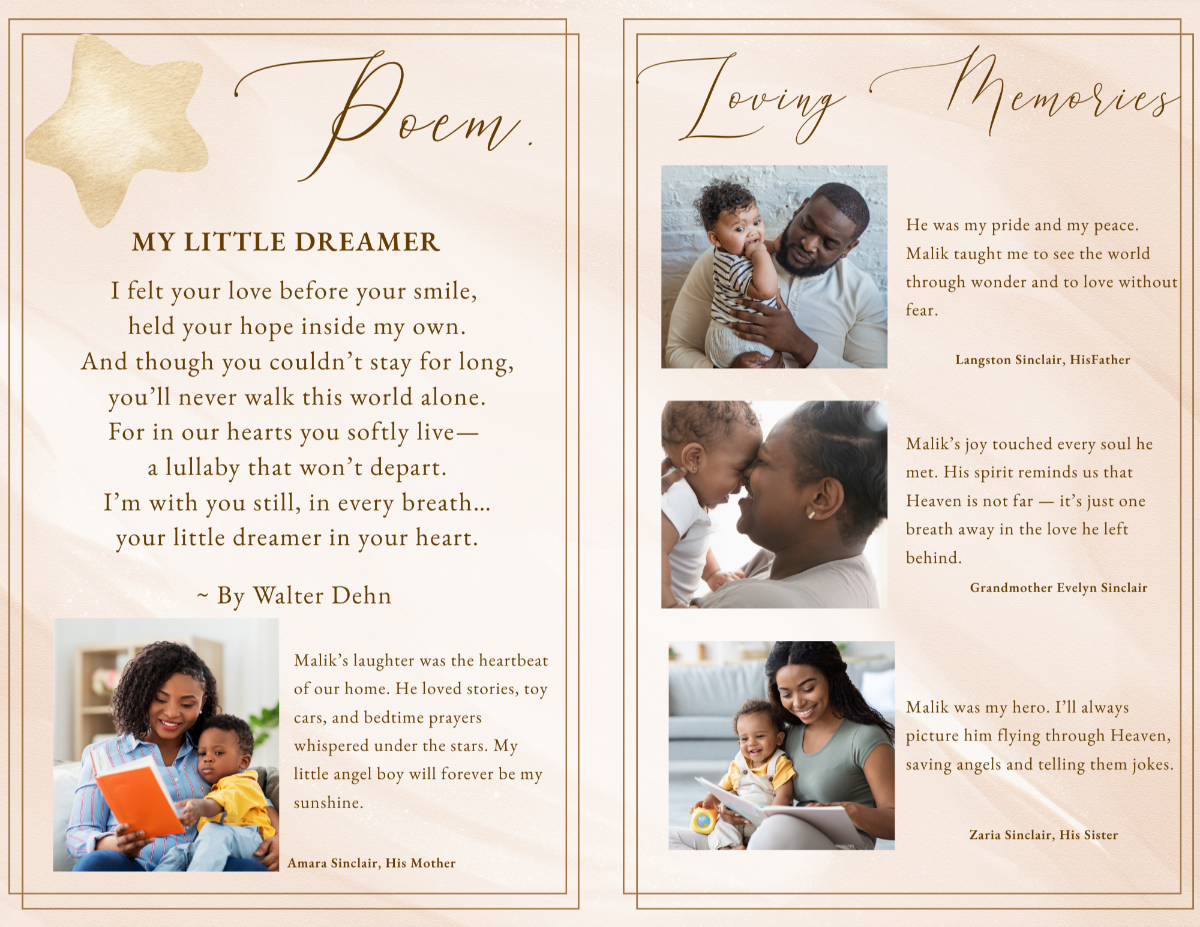 Poem and Loving Memories pages with baby photos, family tributes, and soft beige background with gold star detail.